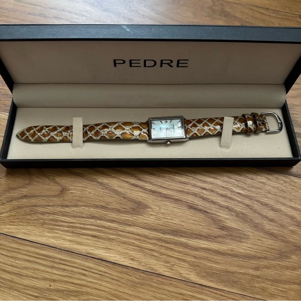 Pedre Rectangular Leather Strap Watch Silver Quar… - image 2